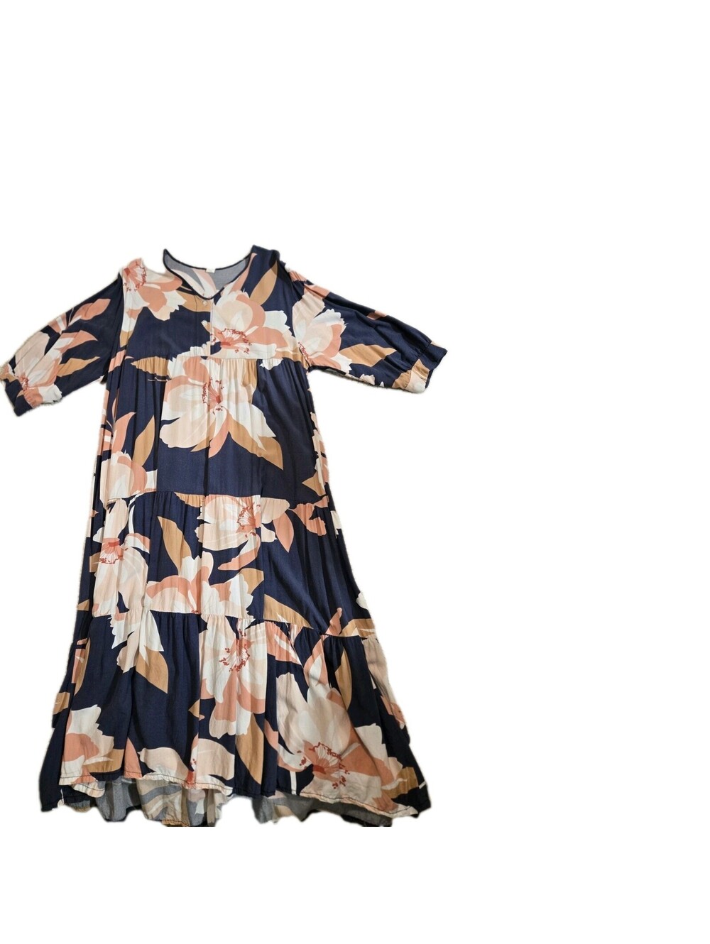 💯 cotton Floral Midi Dress Tiered 3/4 Sleeve  Cottage Core Feminine